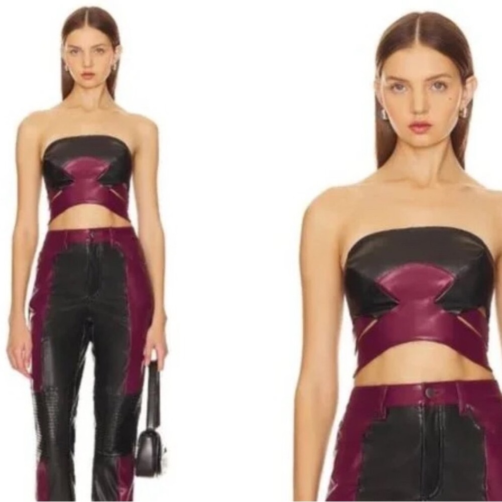 AFRM Inessa Faux Leather‎ Strapless Top Noir Fig Burgundy Black Small